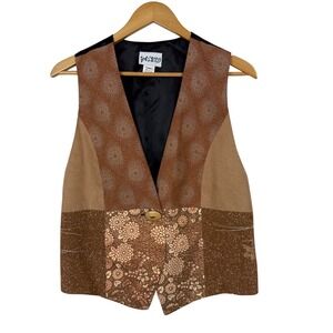 Vintage YASURO Kimono Silk Patchwork Vest Floral Brown‎ Unique Medium/Large